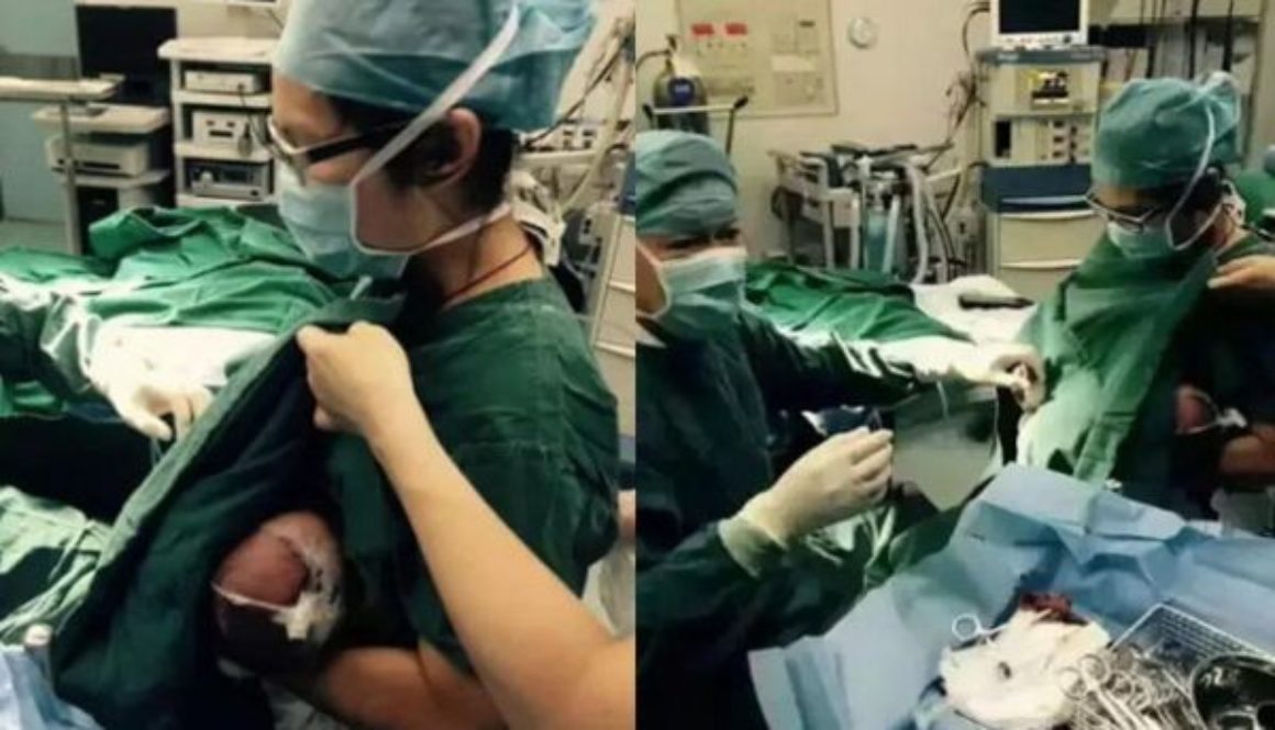 En un hospital chino una enfermera le da el pecho a un bebe mientras lo intervienen