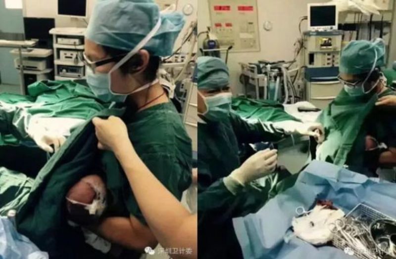 En un hospital chino una enfermera le da el pecho a un bebe mientras lo intervienen